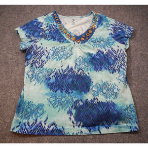 Studio Works Top Blouse Womens Plus Size 2X Blue Abstract V-neck w/ Neck Accents